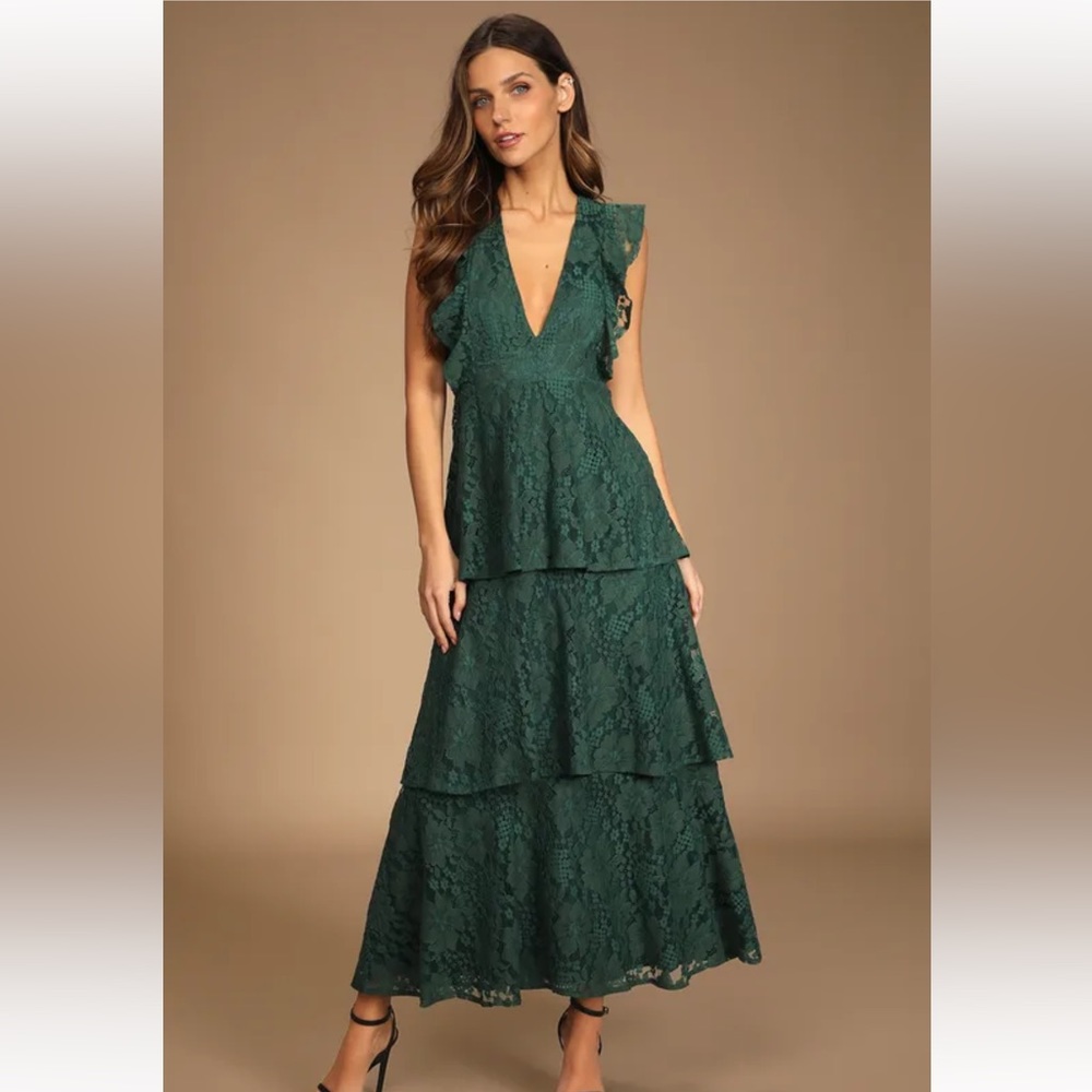 Lulu’s Molinetto Forest Green Lace Ruffled Tiered Sleeveless Maxi Dress Small